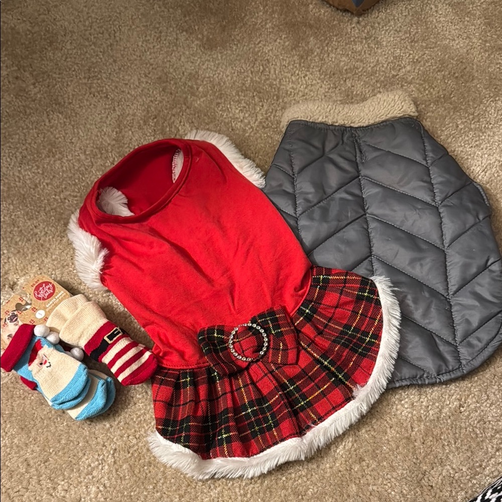 Festive Red Plaid Dog Dress with Gray Quilted Coat & 4 pairs of Christmas socks